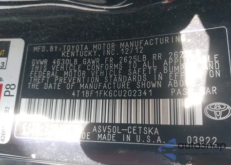 2012 Toyota Camry Se Limited Edition z USA, uszkodzony, nr VIN 4T1BF1FK6CU202341